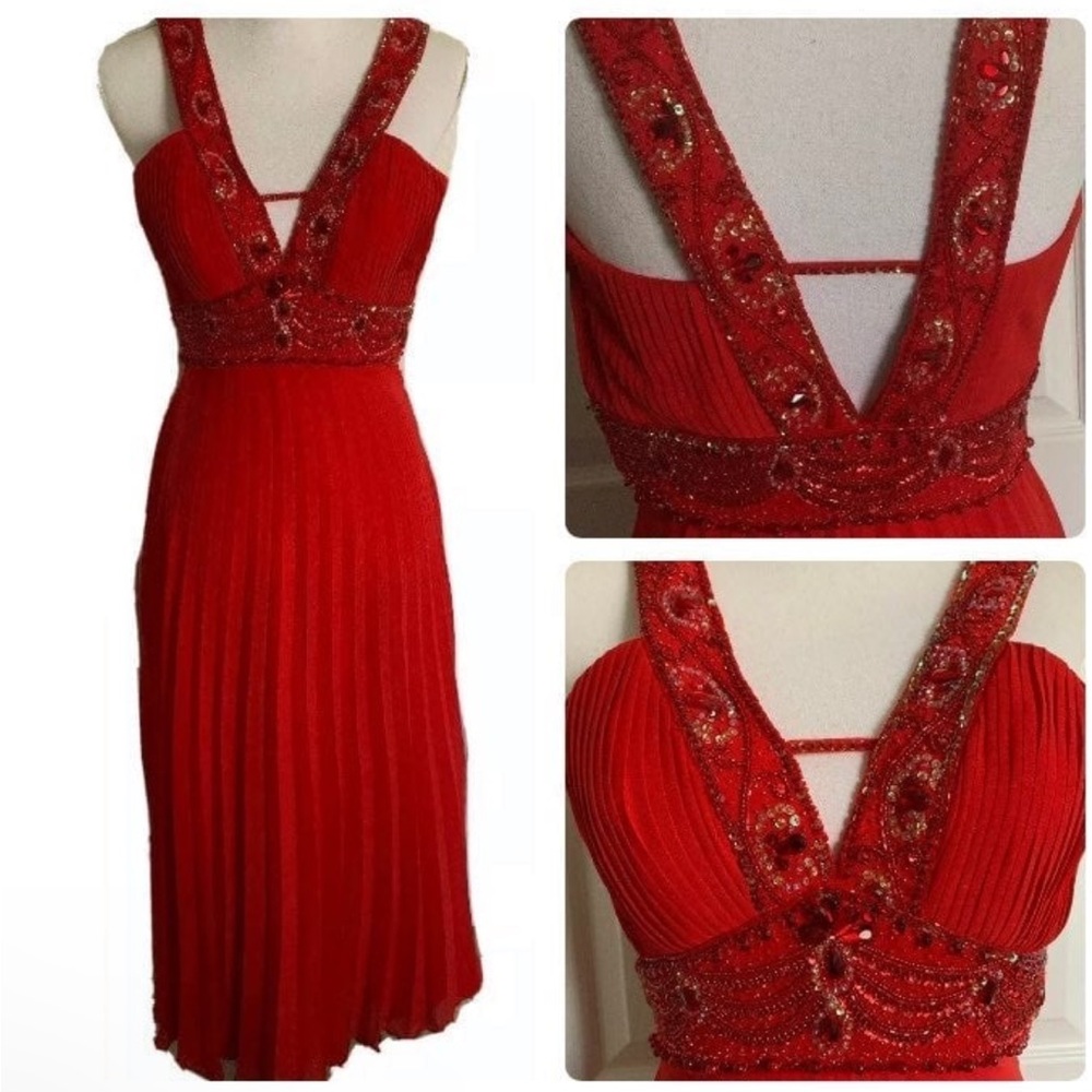 Riva Designs Formal Dress Pageant Beaded Long Gown Red Pleated Plunging Size 2